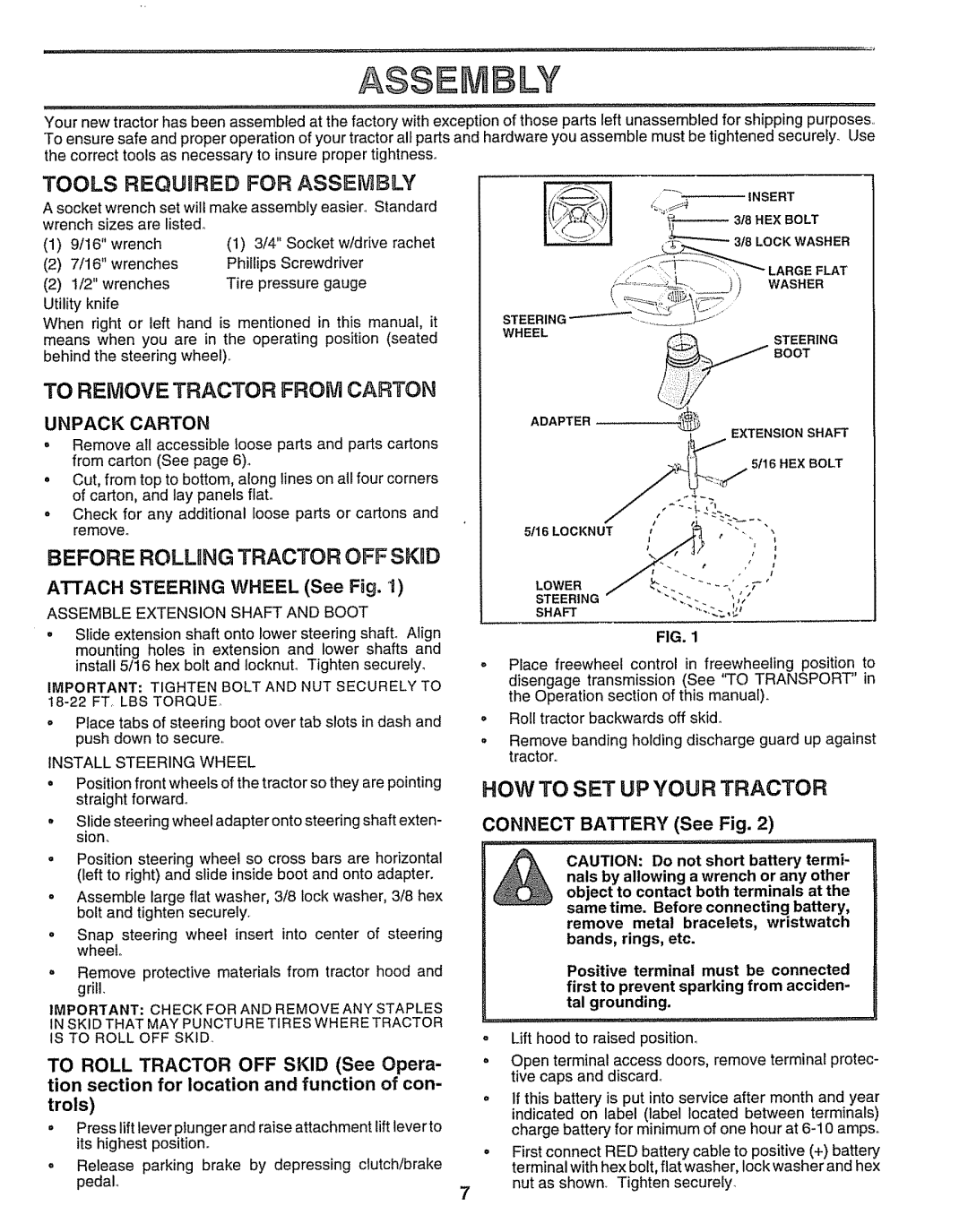 Craftsman 917.259172 Tools Requhred for Assembly, To Remove Tractor from Carton, HOW to SET UP Your Tractor, Unpack Carton 