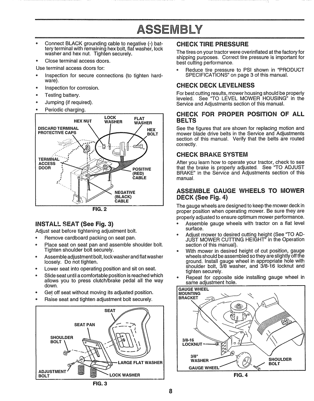 Craftsman 917.259172 manual Check for Proper Position of ALL Belts, Check Brake System, Install Seat See Fig, Shoulder BOLT 