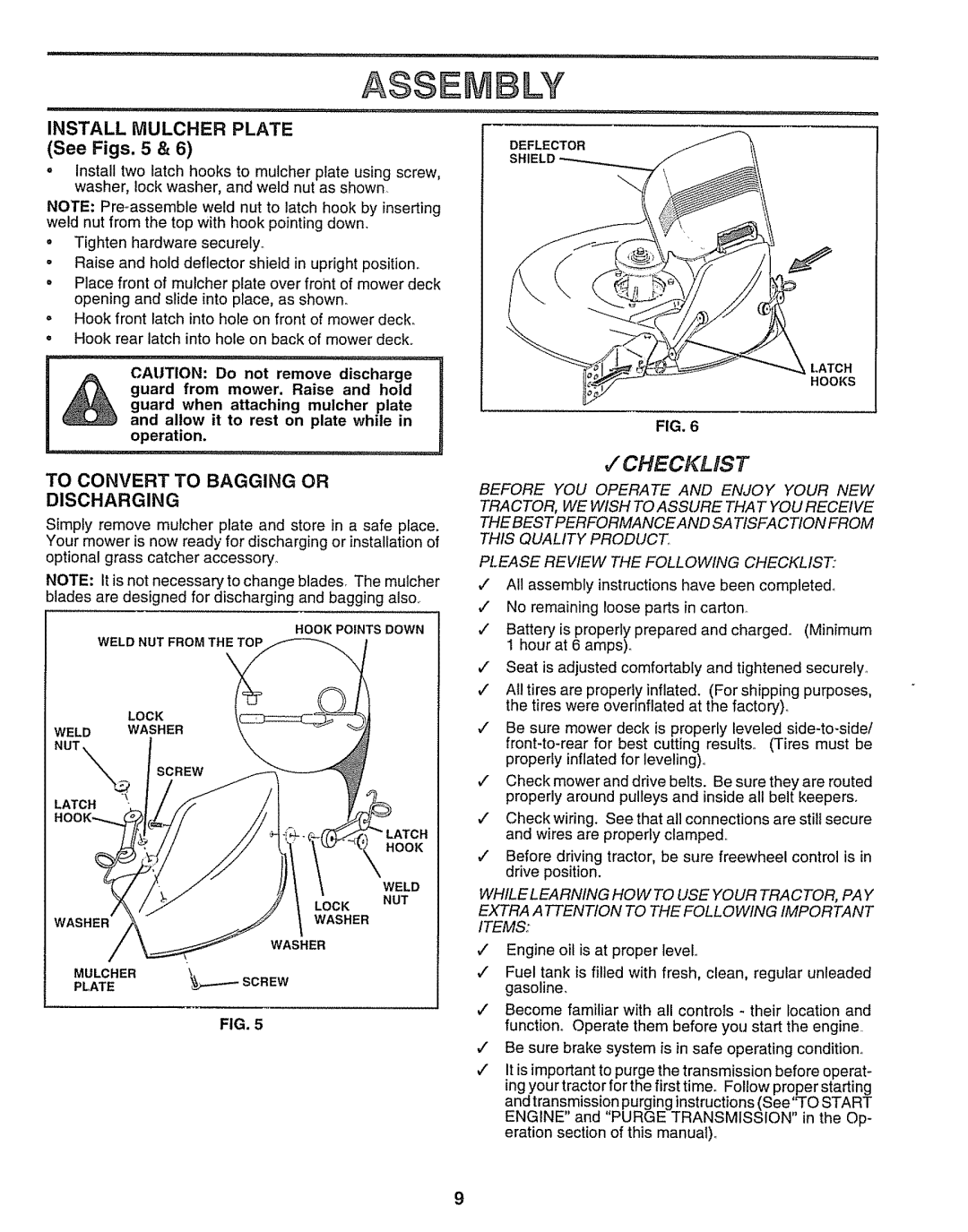 Craftsman 917.259172 manual Assem LY, Checklist, Install iVlULCHER Plate See Figs, To Convert to Bagging or Discharging 