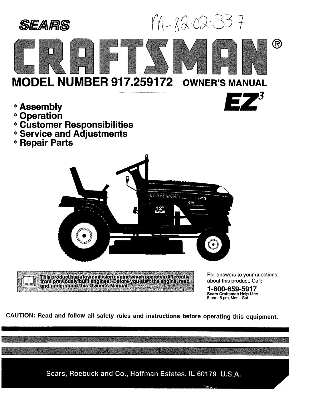 Craftsman 917.259172 manual OWNERS MANUAL Assembly o Operation, 1-800-659-5917, liMmmmillllll illi 