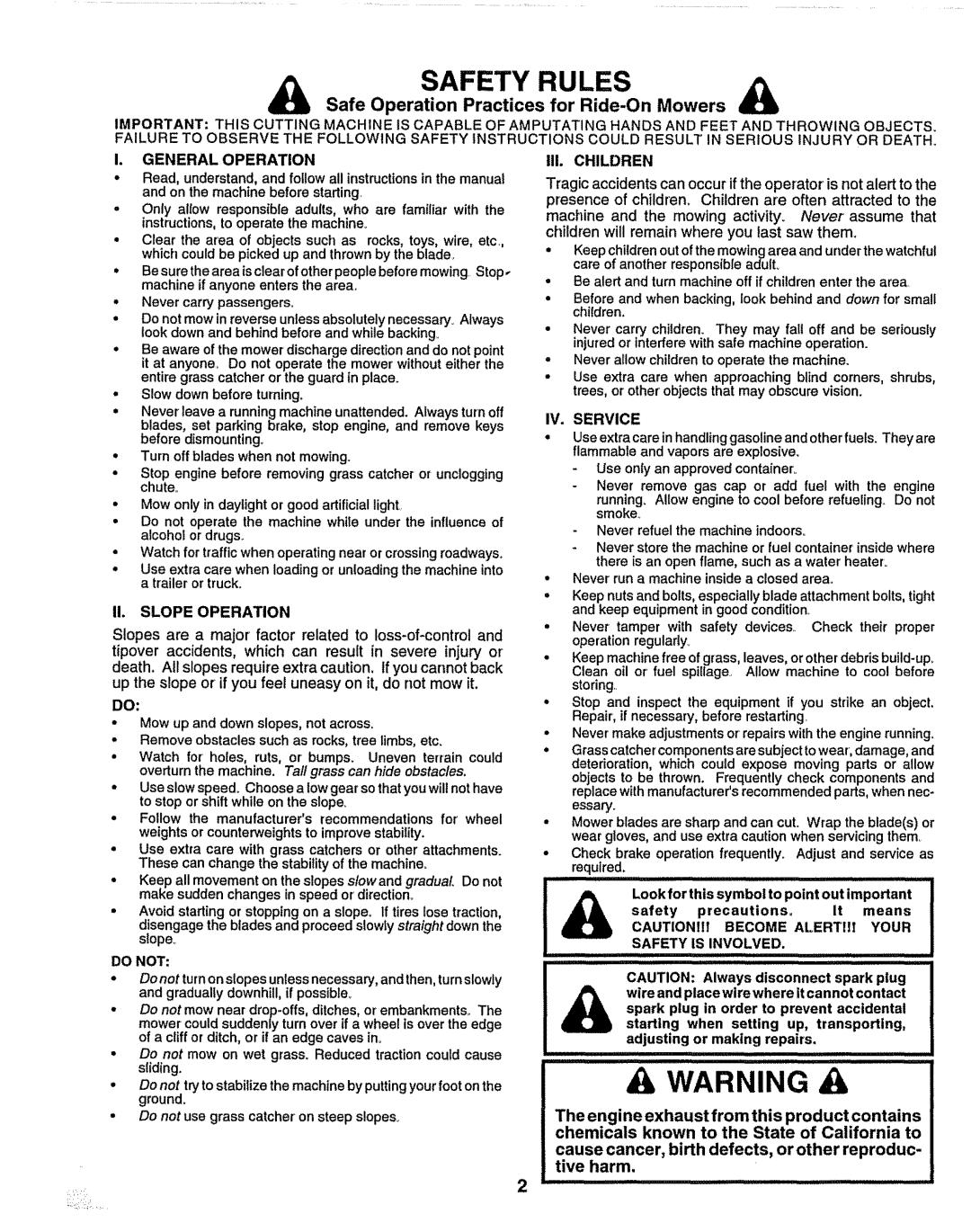 Craftsman 917.259172 Safety Rules, Safe Operation Practices for Ride-OnMowers, I.General Operation, Ii.Slope Operation 
