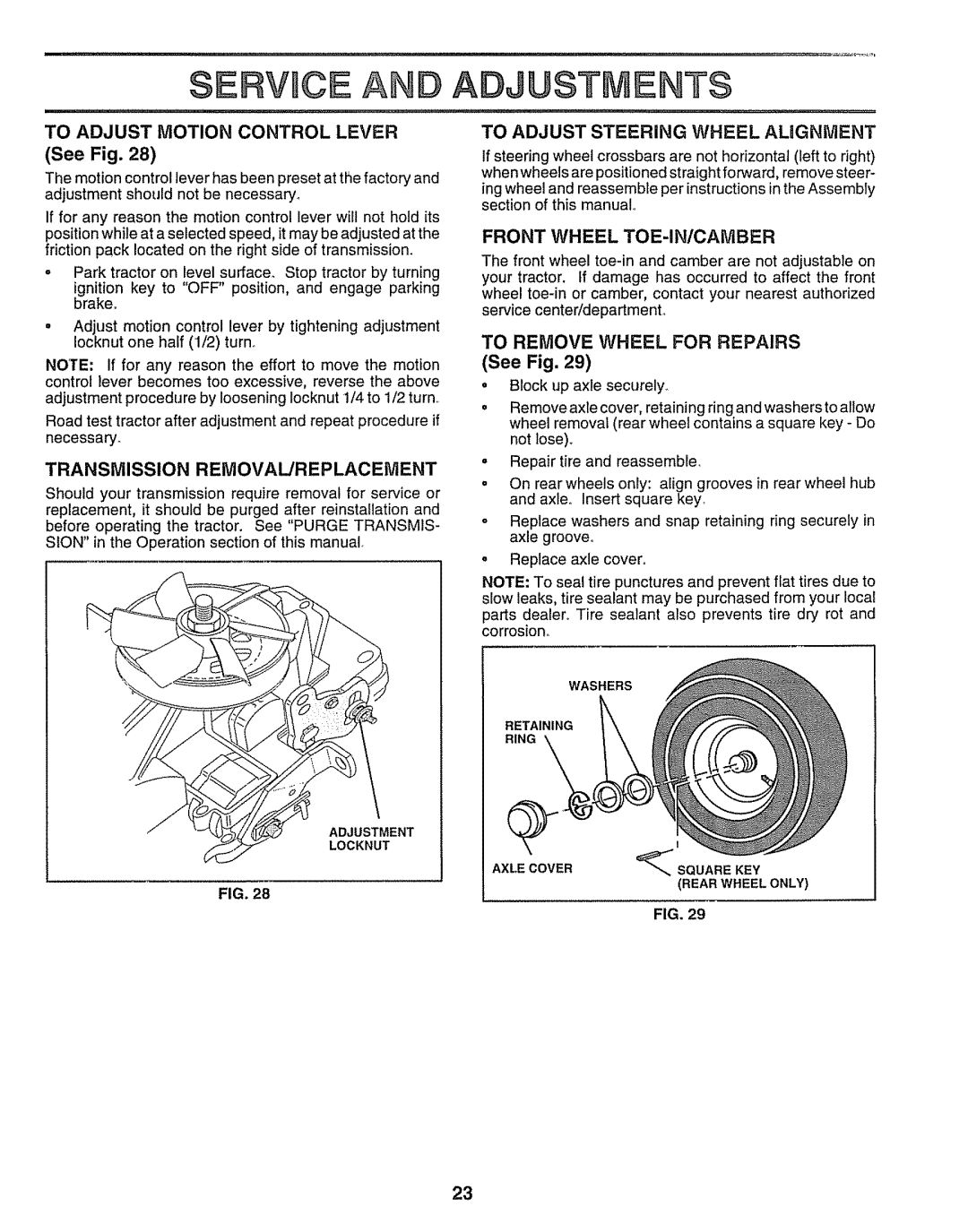 Craftsman 917.259172 Servbce An Adjustments, To Adjust Motion Control Lever, Transmission Removal/Replacement, See Fig 