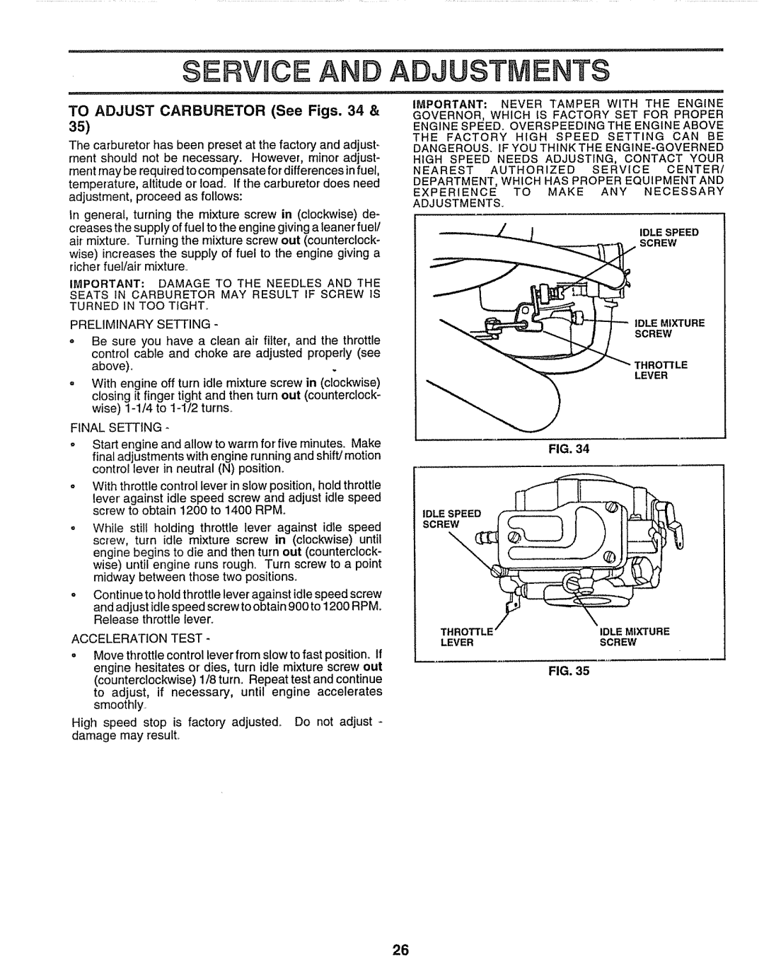 Craftsman 917.259172 manual Erv Ce And, Adjustments, TO ADJUST CARBURETOR See Figs. 34 