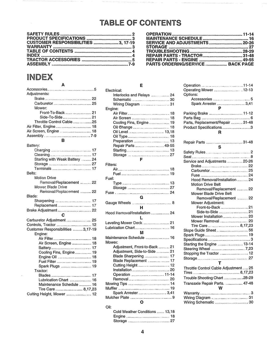 Craftsman 917.259172 Undex, Table Of Contents, Safety Rules, Operation, 11-14, Product Specifications, Service, 20-26 