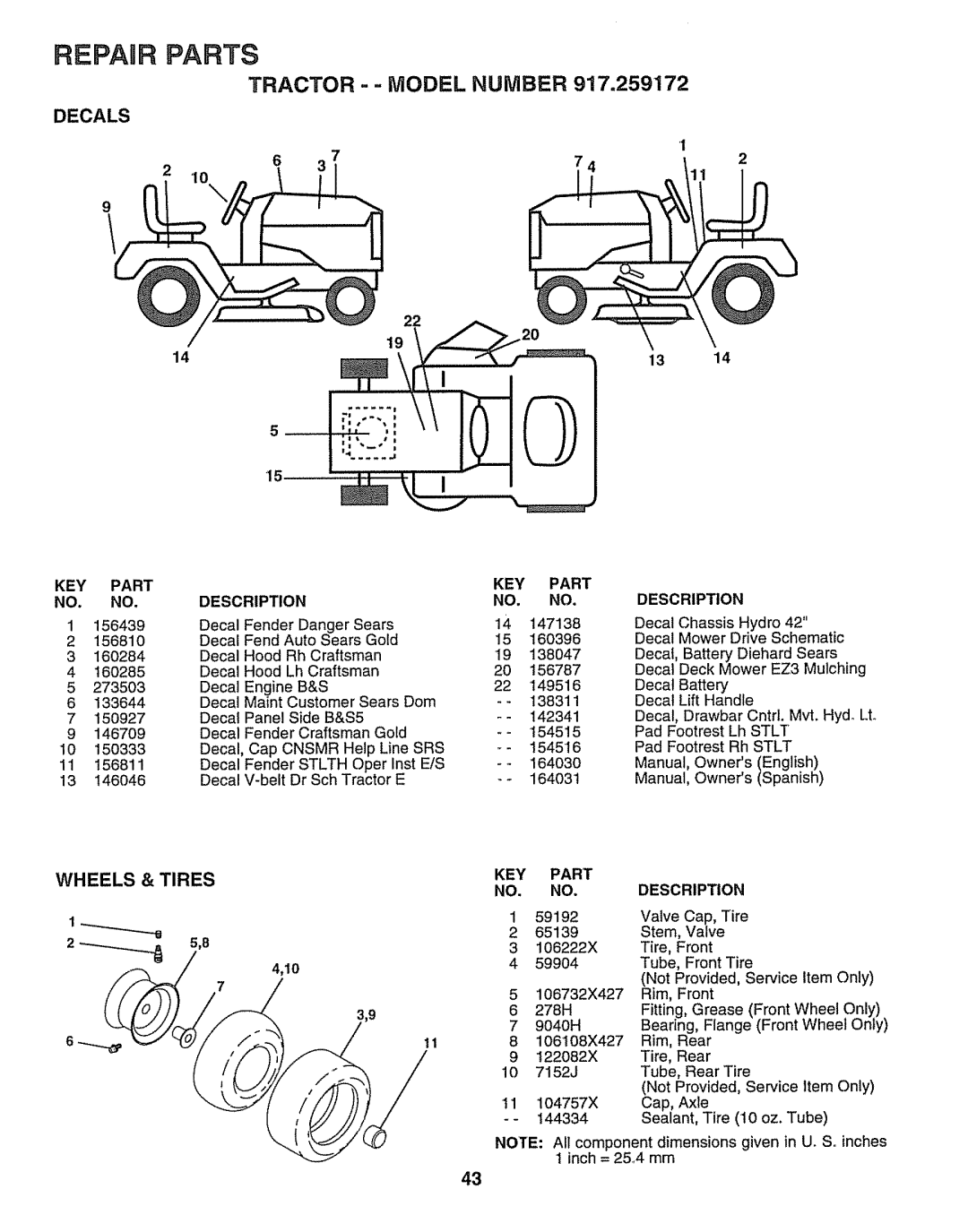 Craftsman 917.259172 manual Decals, Wheels, Tires, 22 19, 2 __, Repair Parts, Tractor - - Model Number, Description 