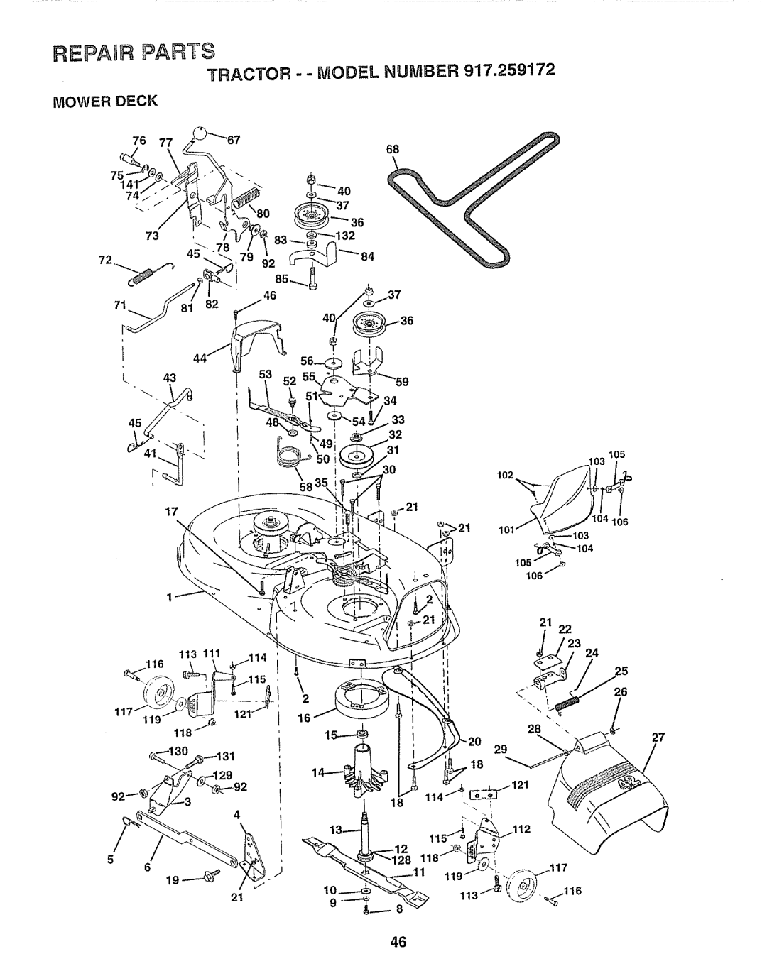 Craftsman 917.259172 manual REPAhR PARTS, Mower Deck, 68 52, 34 33 32, 27 18, TRACTOR - - MODEL NUMBER 917,259172 