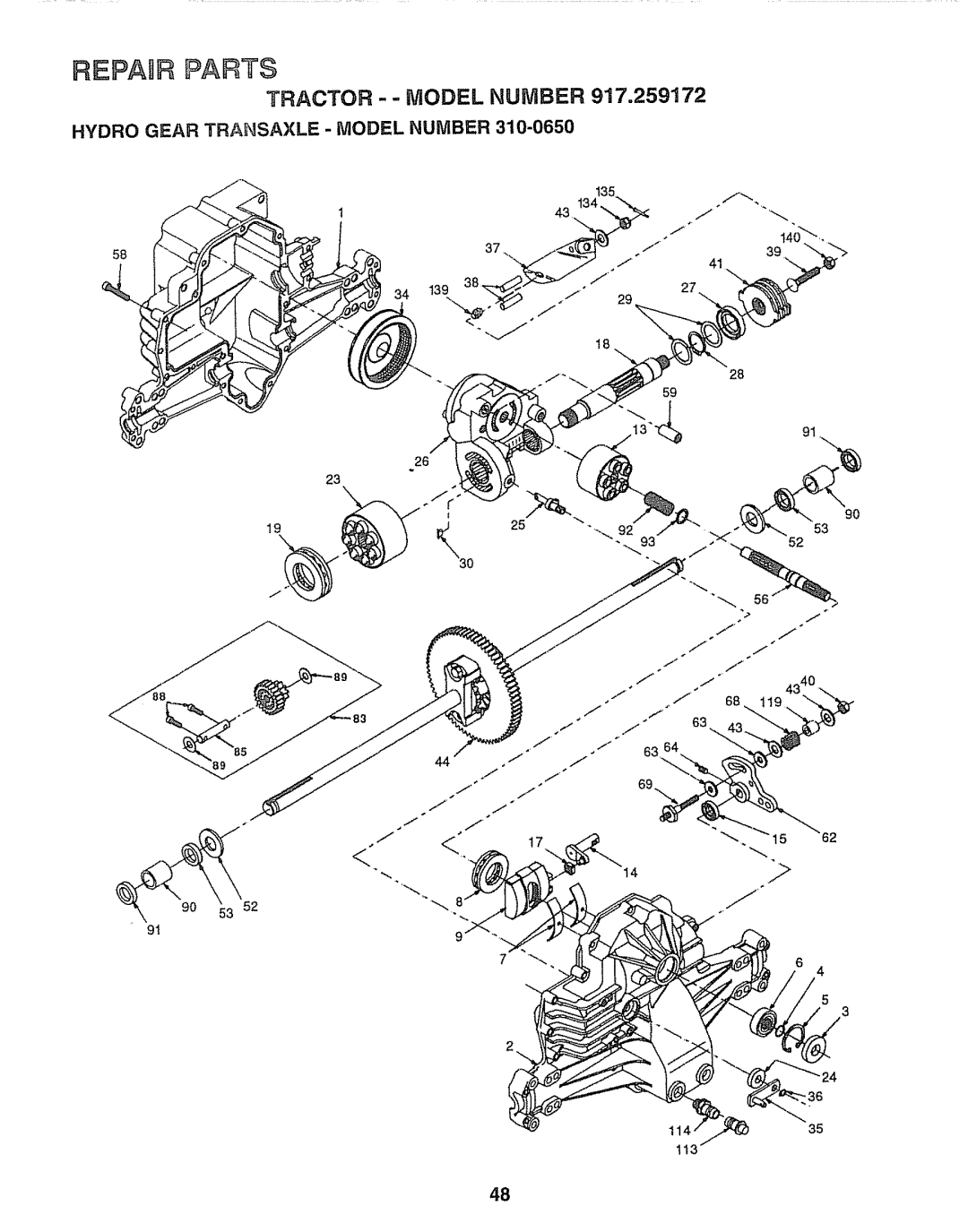 Craftsman 917.259172 manual Hydro Gear Transaxle - Model Number, Repair Parts, Tractor -- Model Number, 1135 11 