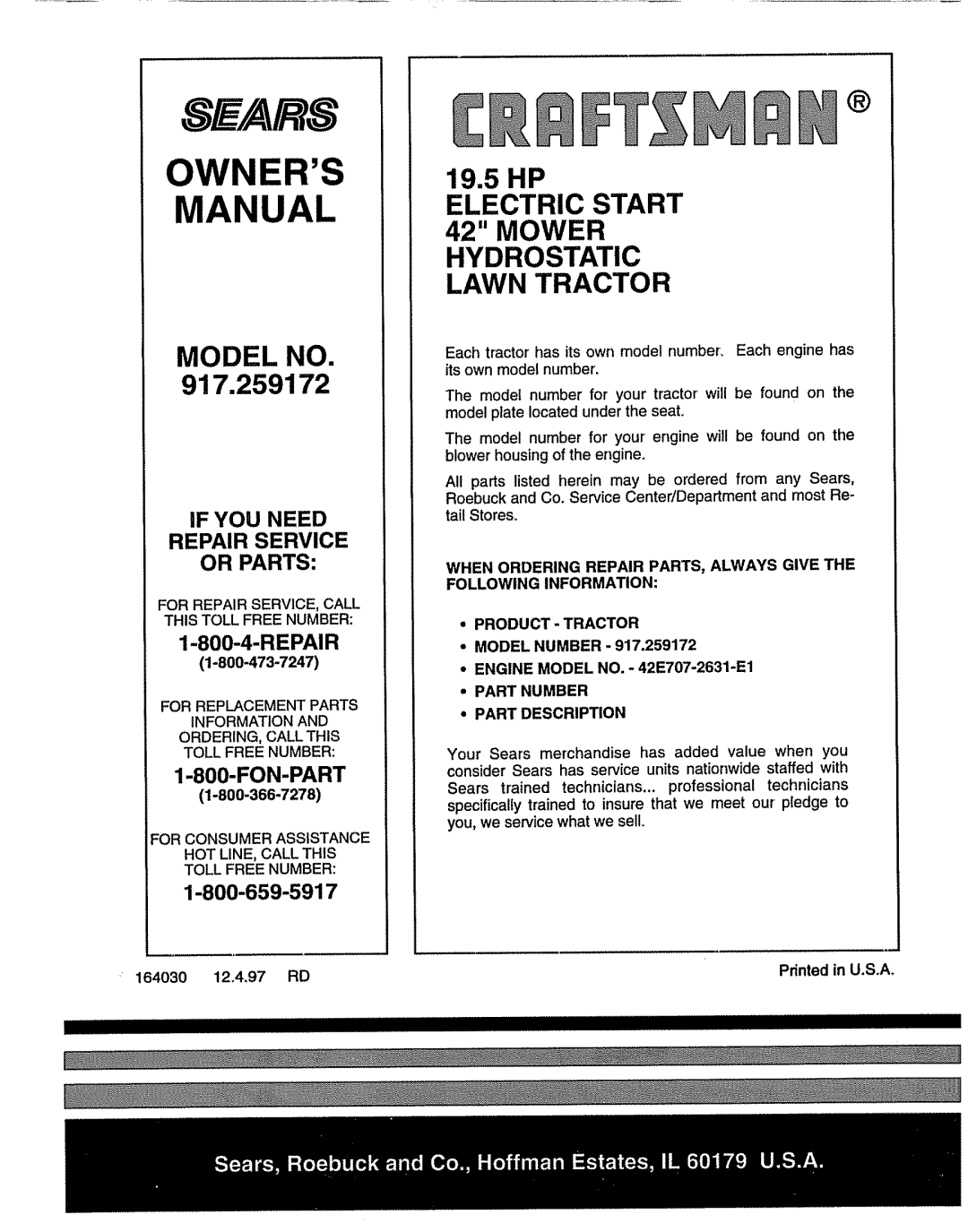Craftsman 917.259172 Owners Manual, Model No, 19.5HP ELECTRIC START, Mower Hydrostatic Lawn Tractor, Repair, Fon-Part 
