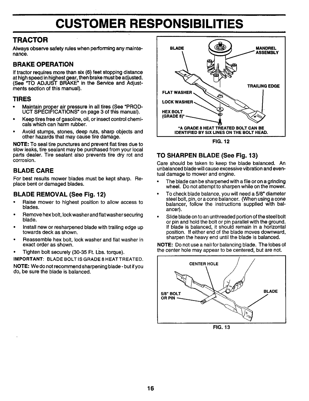 Craftsman 917.259561 owner manual Tractor, Brake Operation, Tires, Blade Care 