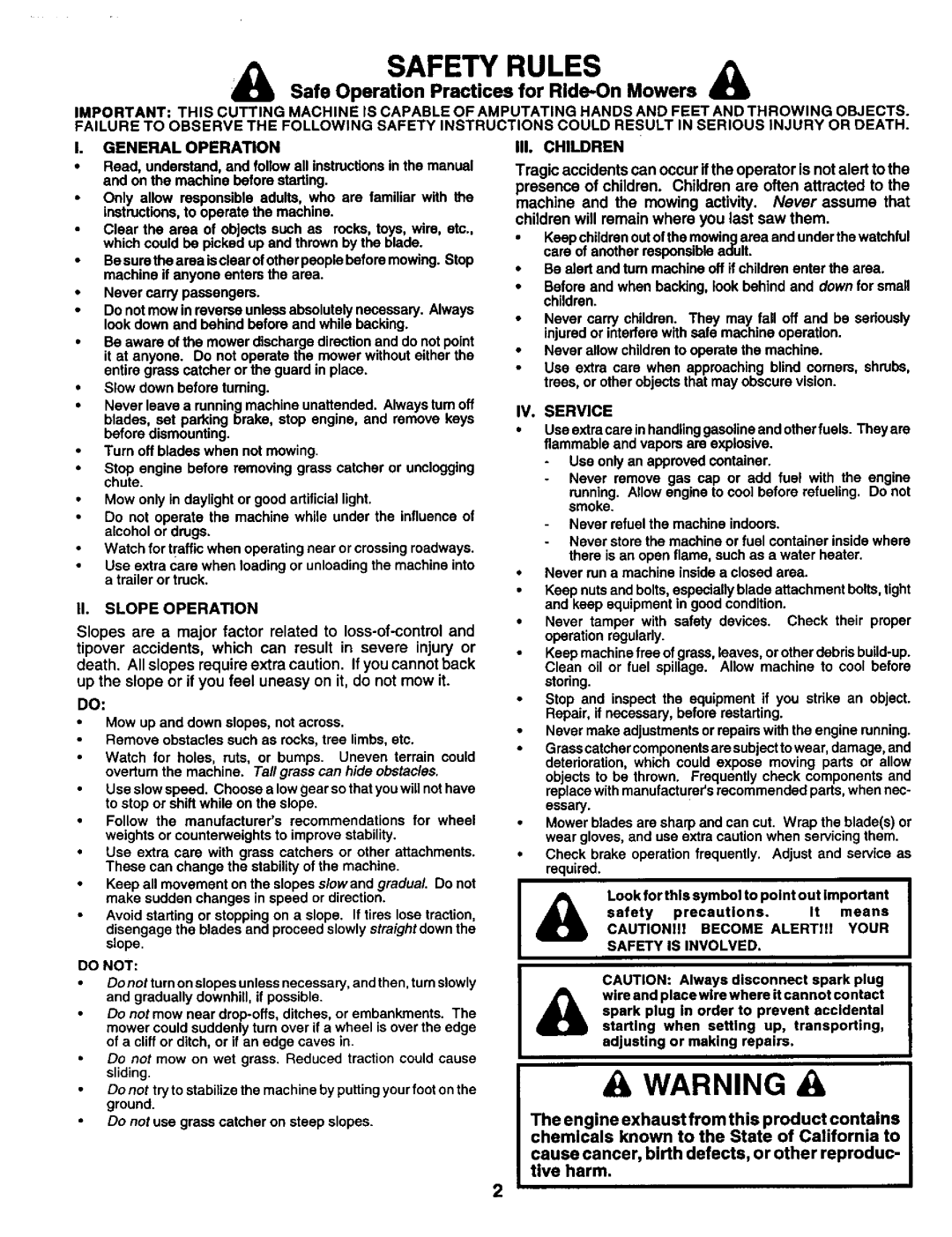 Craftsman 917.259561 owner manual III Children, Slope Operation 