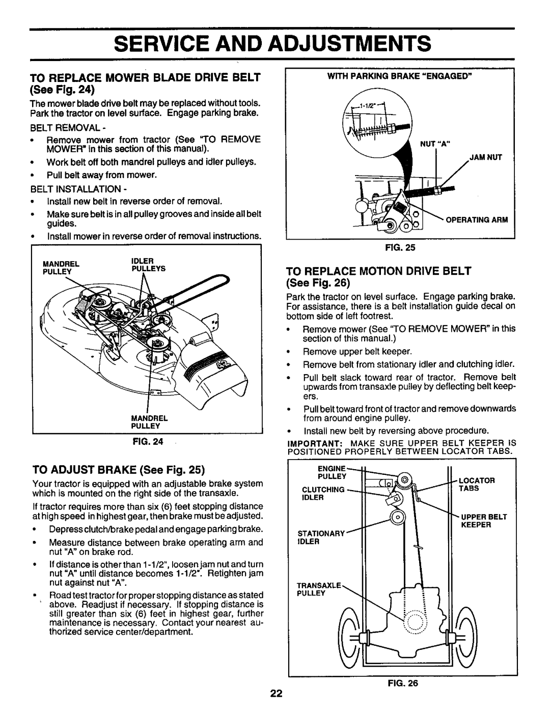 Craftsman 917.259561 Service and Adjustments, See Flg, To Replace Mower Blade Drive Belt, To Replace Motion Drive Belt 