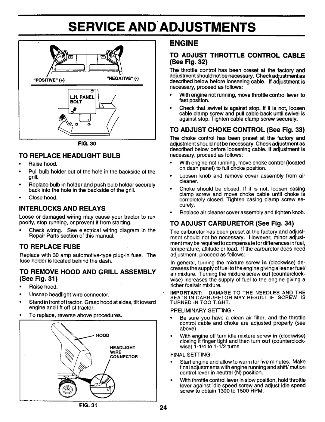 Craftsman 917.259561 Interlocks and Relays, To Remove Hood and Grill Assembly, To Replace Headlight Bulb, To Replace Fuse 