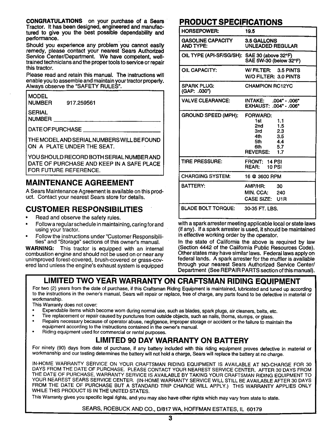 Craftsman 917.259561 owner manual Product Specifications, Limited TWO Year Warranty on Craftsman Riding Equipment 