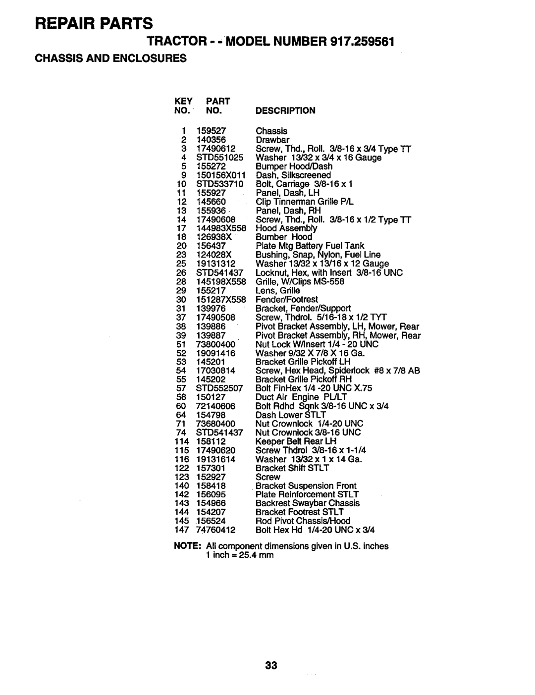 Craftsman 917.259561 owner manual Tractor -MODELNUMBER 917,259561, KEY Part NO. no, 147 