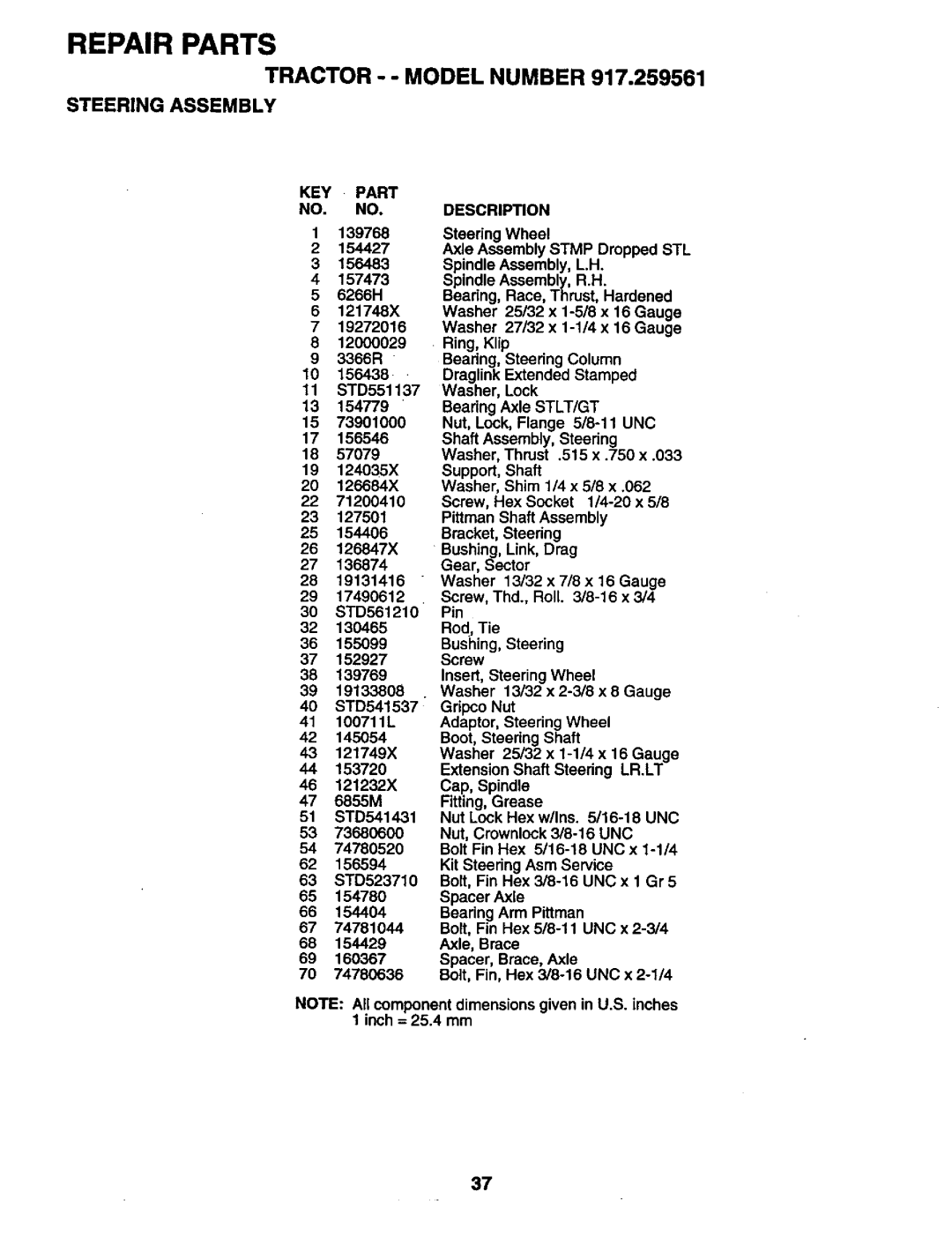 Craftsman 917.259561 owner manual Tractor - Model Number, Steering Assembly 