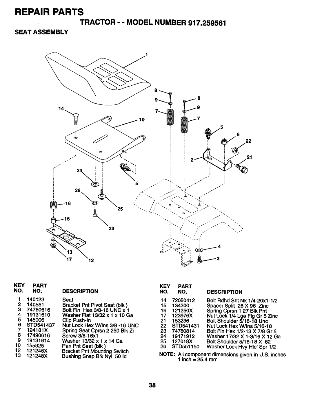 Craftsman 917.259561 owner manual Seat Assembly 