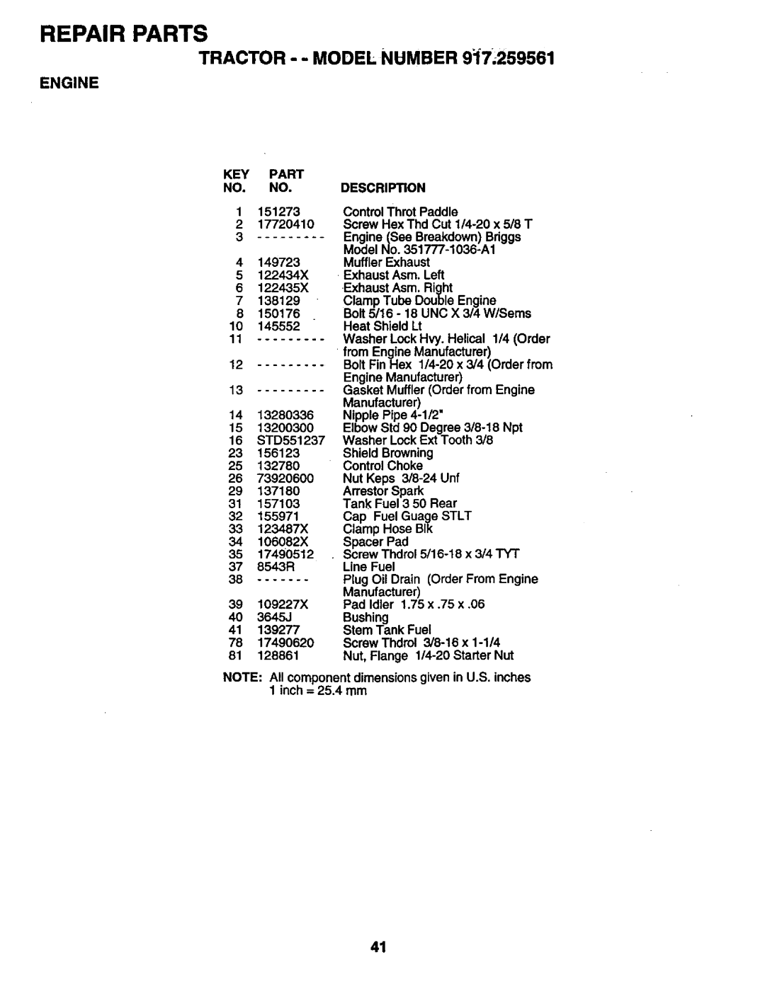 Craftsman 917.259561 owner manual Tractor - Model Number 9 