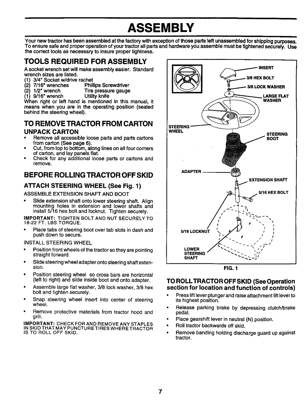 Craftsman 917.259561 Tools Required for Assembly, To Remove Tractor from Carton, Before Rolling Tractor OFF Skid 