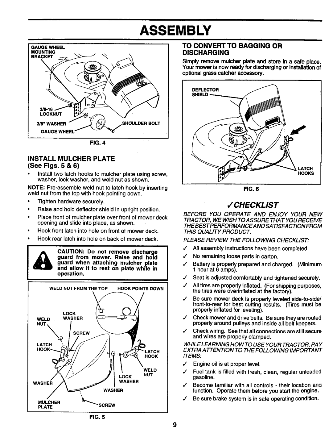 Craftsman 917.259561 owner manual Checklist, To Convert to Bagging or, Discharging, Install Mulcher Plate 