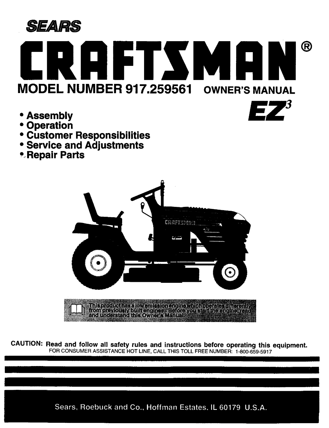 Craftsman owner manual 8EAR8, MODEL NUMBER 917.259561 OWNERSMANUAL, •Assembly •Operation •Customer Responsibilities 