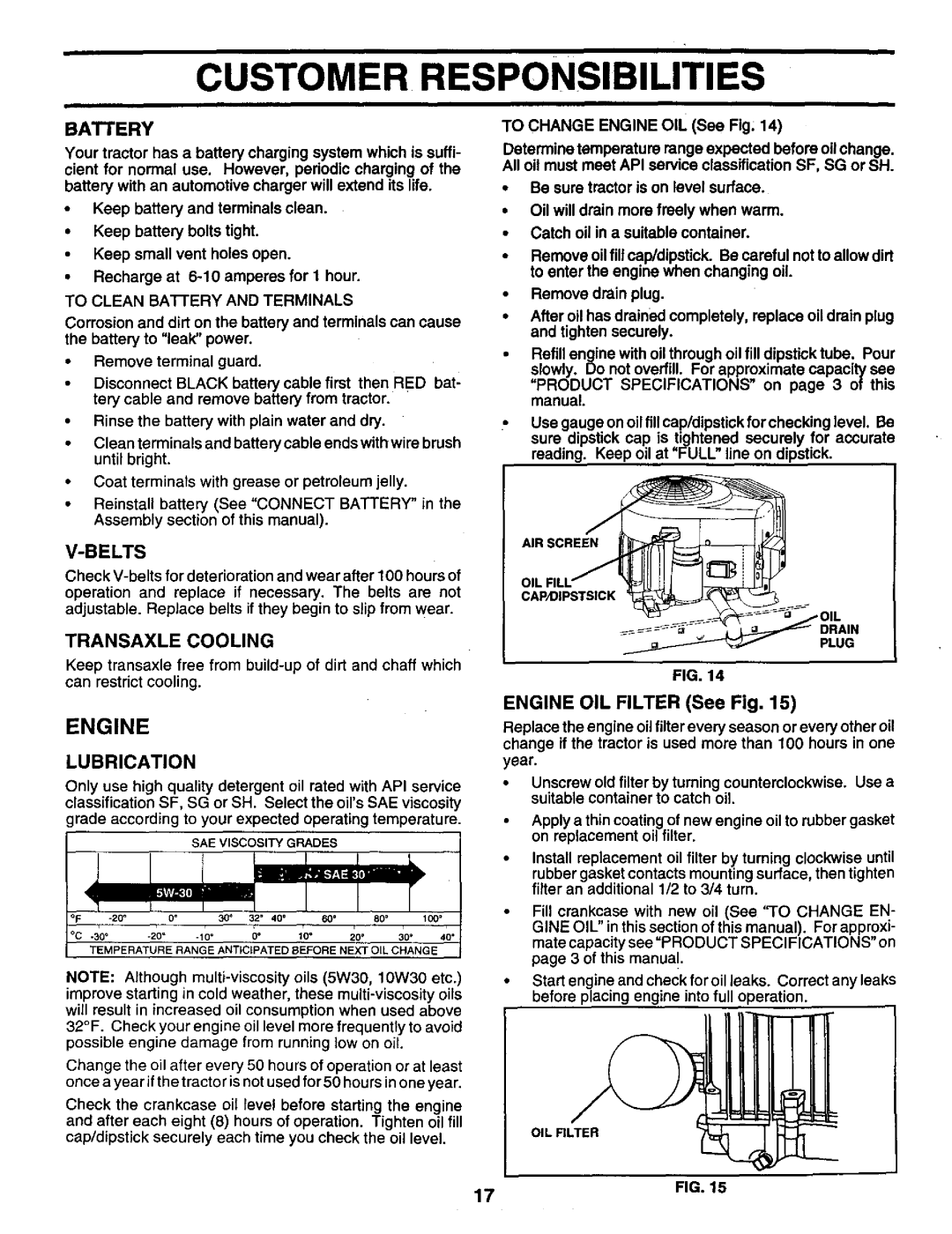 Craftsman 917.259561 owner manual Engine, ENGINE OIL FILTER See Fig, Customer Responsibilities 