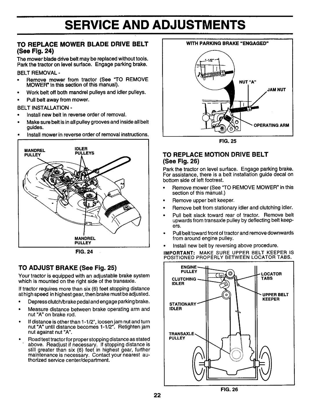 Craftsman 917.259561 owner manual Service And Adjustments, See Flg, See Fig 