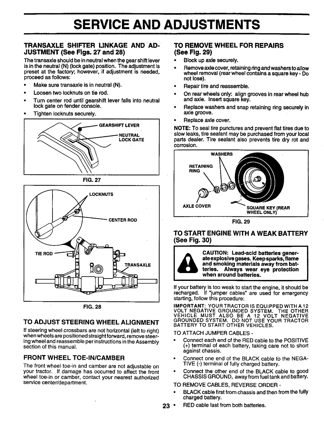Craftsman 917.259561 owner manual Wheelon_, D_ _, TO REMOVE WHEEL FOR REPAIRS See Fig, _,=__, Service And Adjustments 