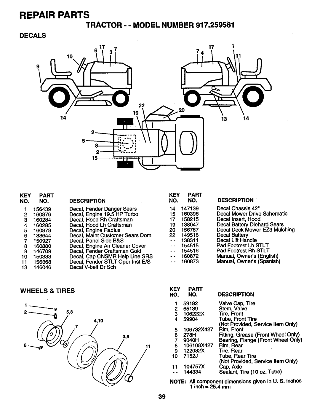 Craftsman 917.259561 owner manual Repair Parts, Tractor - - Model Number, Decals, Wheels & Tires 