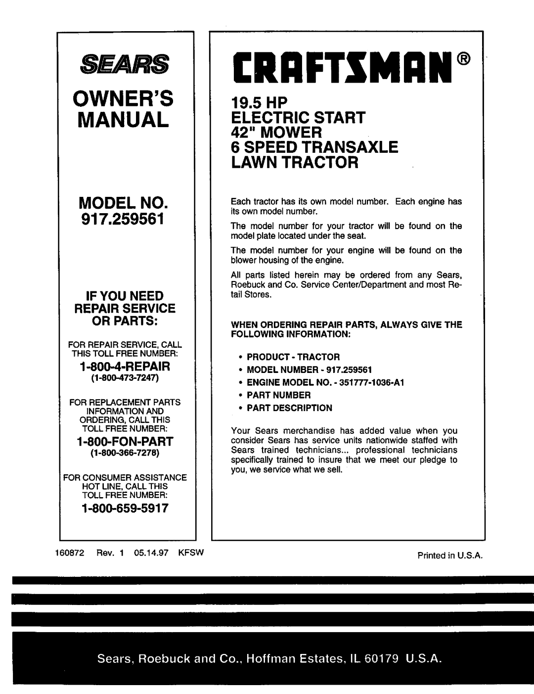 Craftsman 917.259561 Owners Manual, Model No, 19.5HP ELECTRIC START 42 MOWER, Speed Transaxle Lawn Tractor, Repair, Sears 