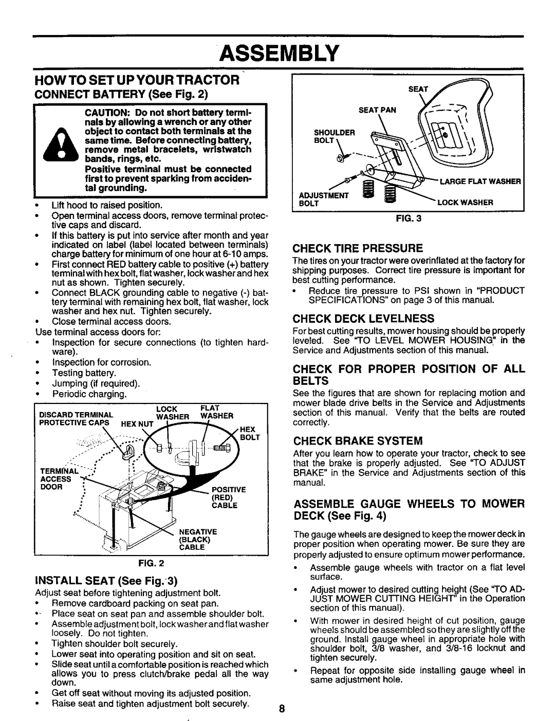 Craftsman 917.259561 owner manual How To Set Up Your Tractor, CONNECT BATTERY See Fig, Check Deck Levelness, Assembly 