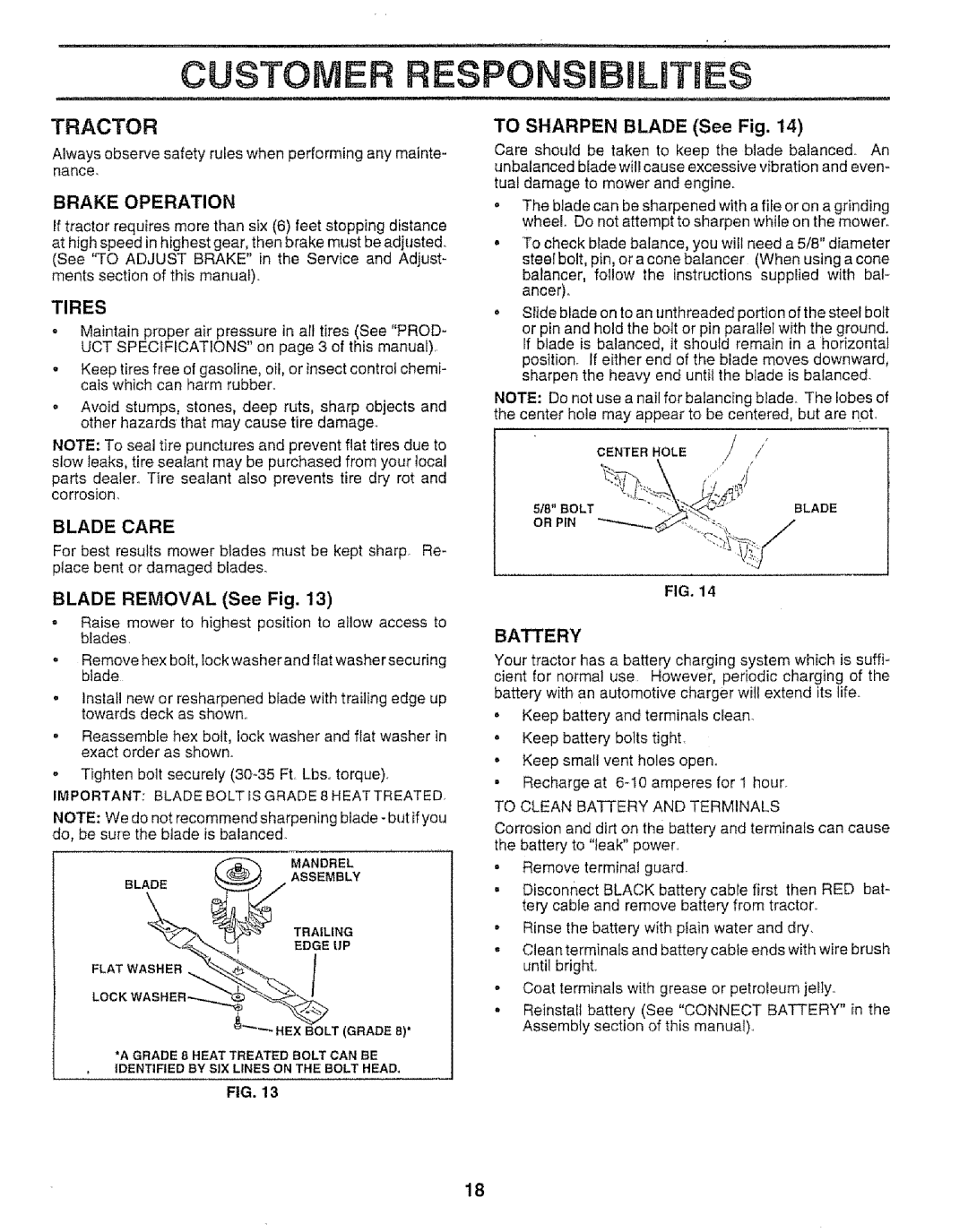 Craftsman 917.259592 owner manual Tractor, Blade Care, Blade Removal See Fig, Battery 