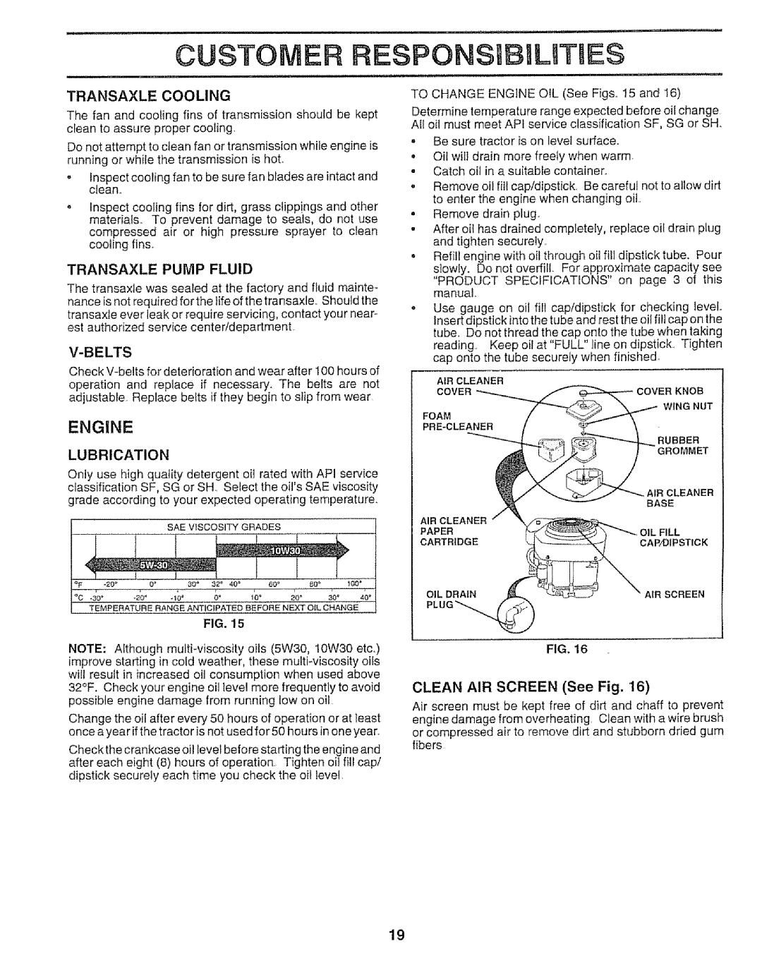 Craftsman 917.259592 owner manual Transaxle Cooling, Engine, Lubrication, Clean AIR Screen See Fig 