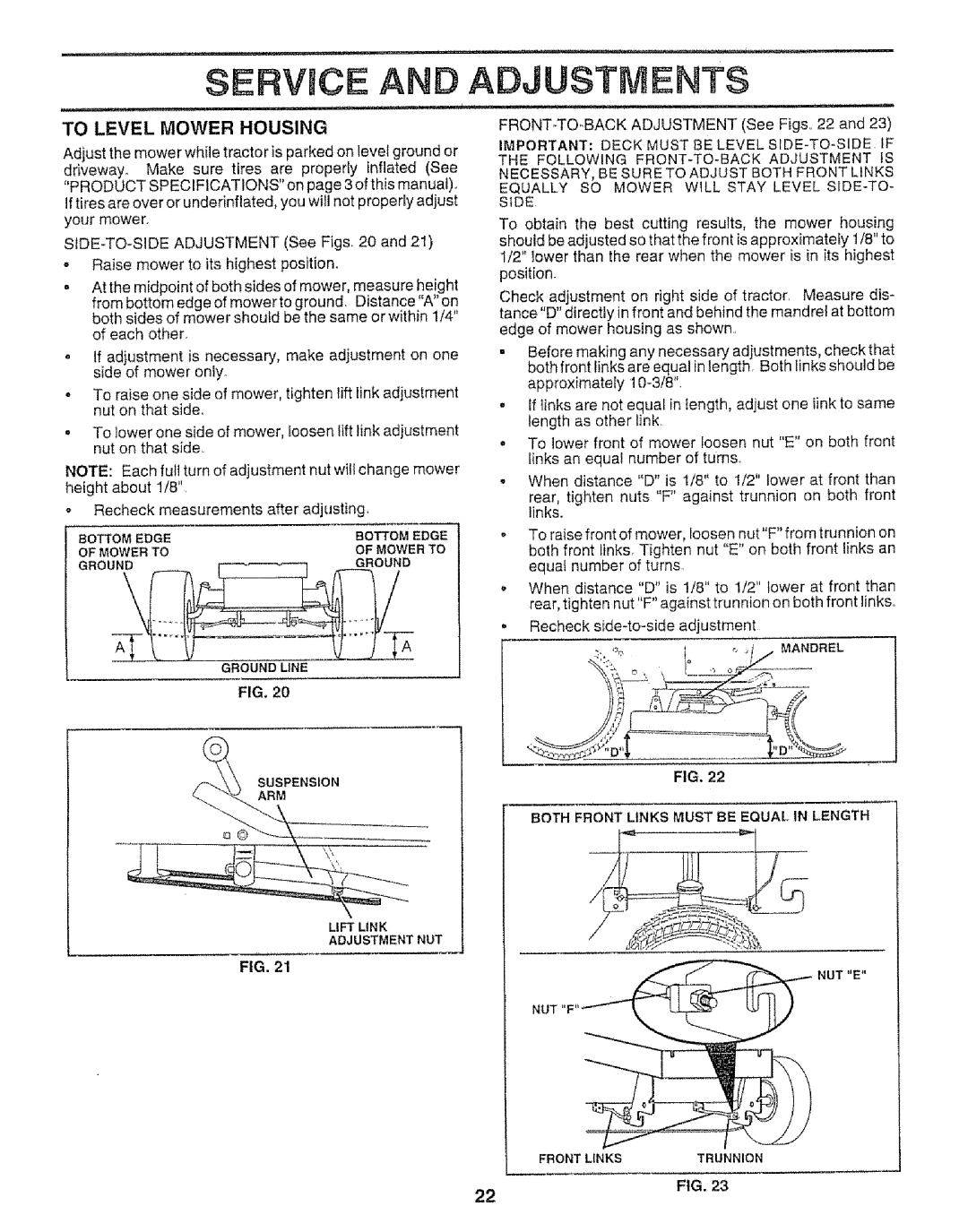 Craftsman 917.259592 owner manual To Level Mower Housing, Both Front Links Must be Equal in Length 