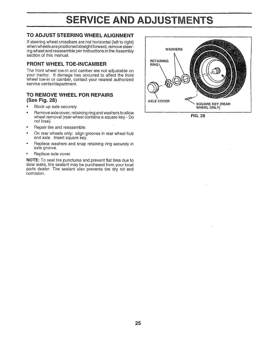 Craftsman 917.259592 owner manual Service AN Adjustments, To Adjust Steering Wheel Alignment, Front Wheel TOE-INICAMBER 