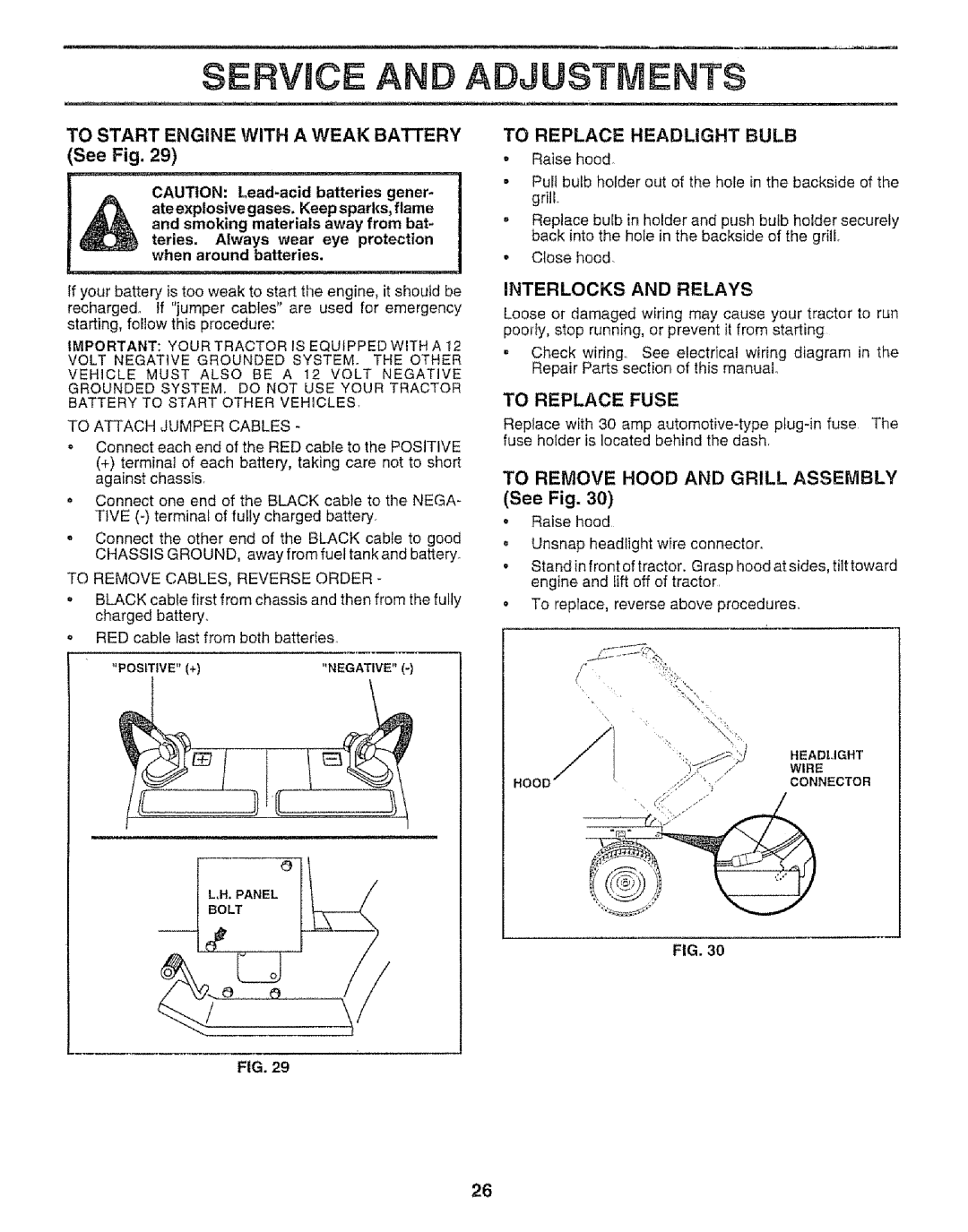 Craftsman 917.259592 owner manual To Start Engine with a Weak Battery, To Replace Headlight Bulb, Interlocks and Relays 