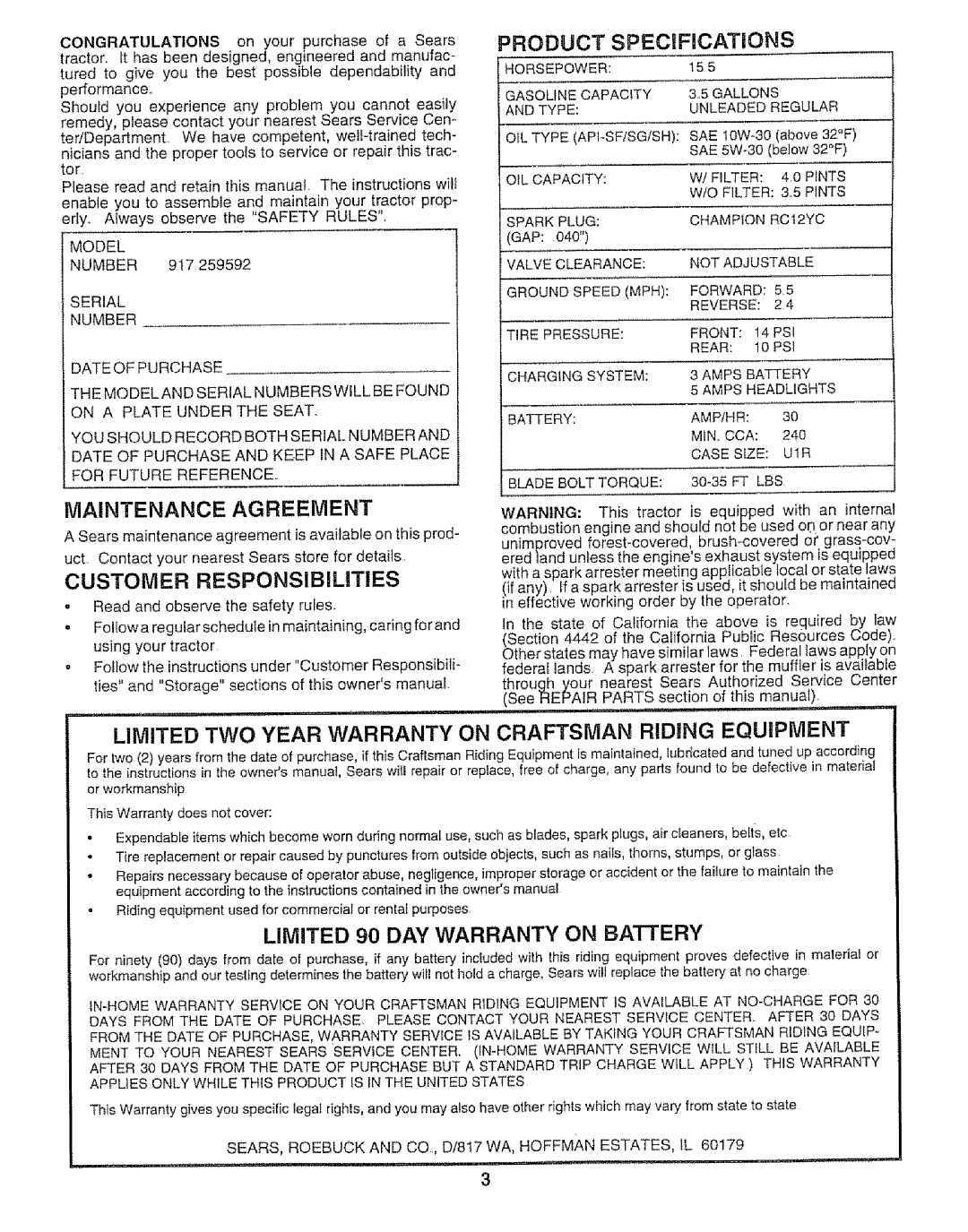 Craftsman 917.259592 owner manual Product Specifications, Model, Serial Number Date of Purchase 