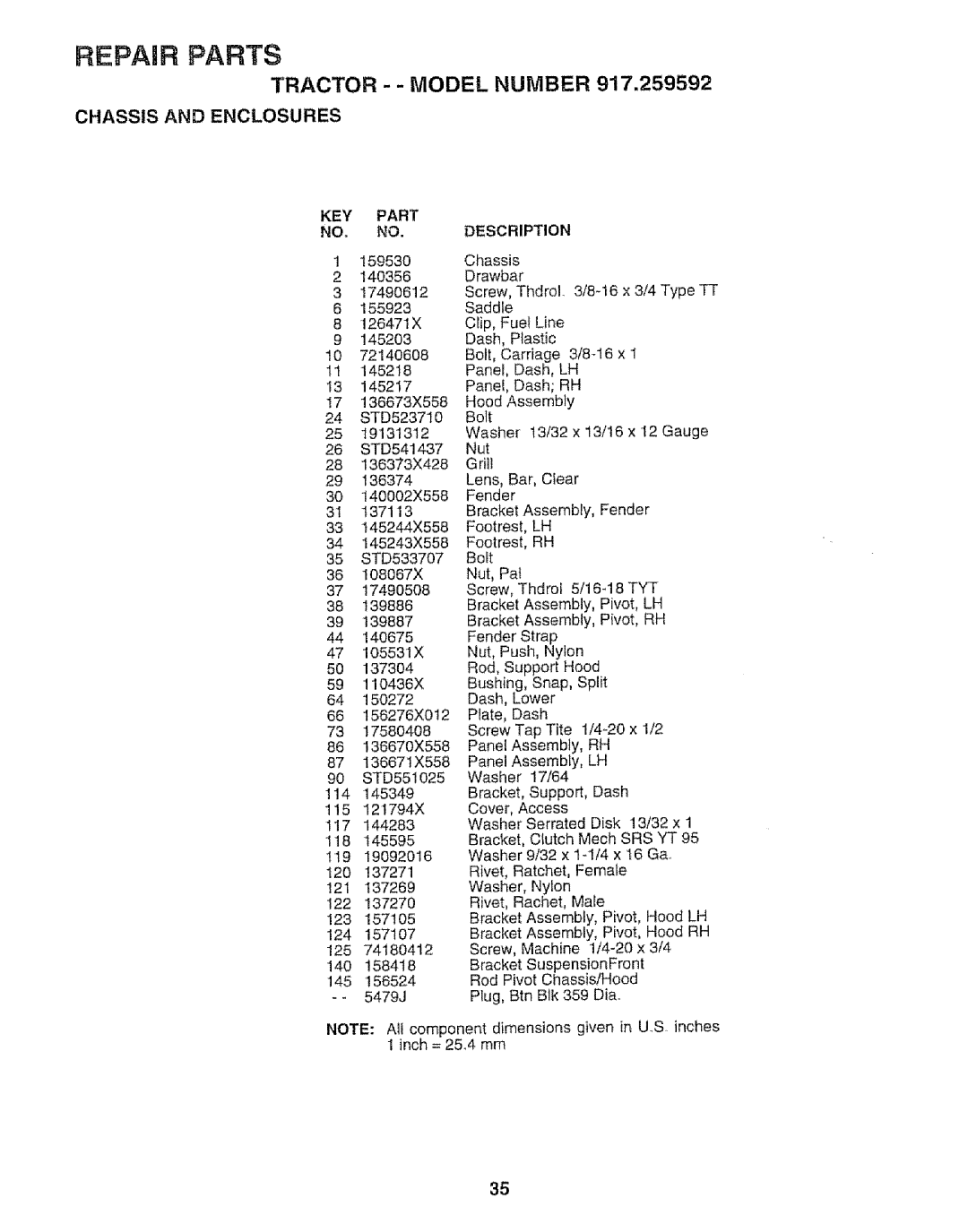 Craftsman 917.259592 owner manual Key 