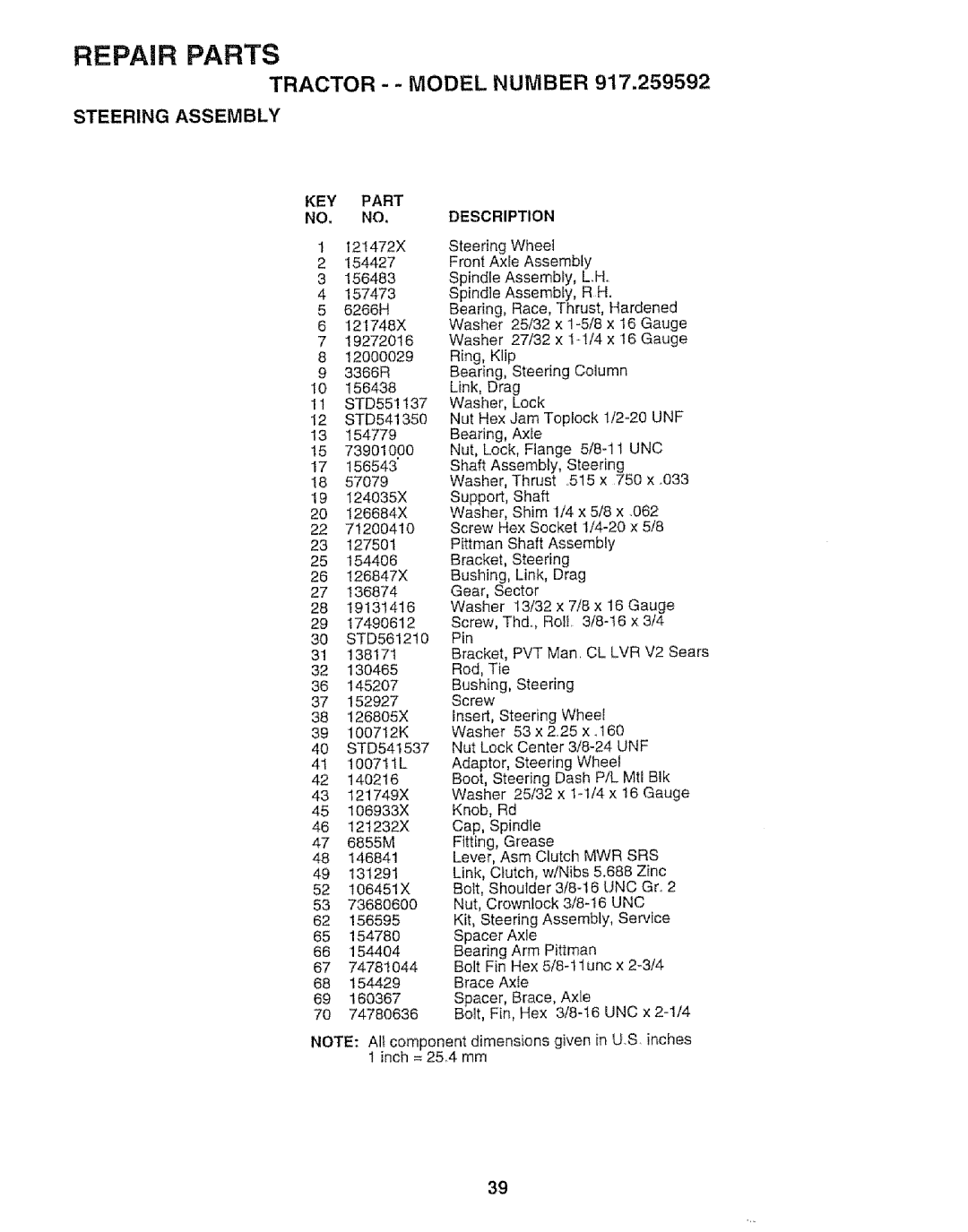 Craftsman 917.259592 owner manual Steering Assembly, KEY Part NO, no 
