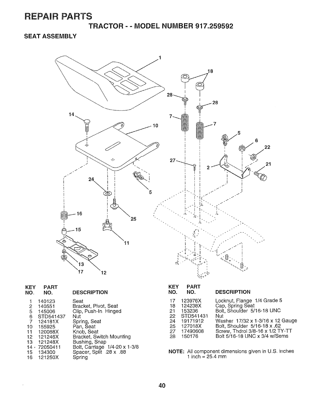 Craftsman 917.259592 owner manual Seat Assembly, Part Description 