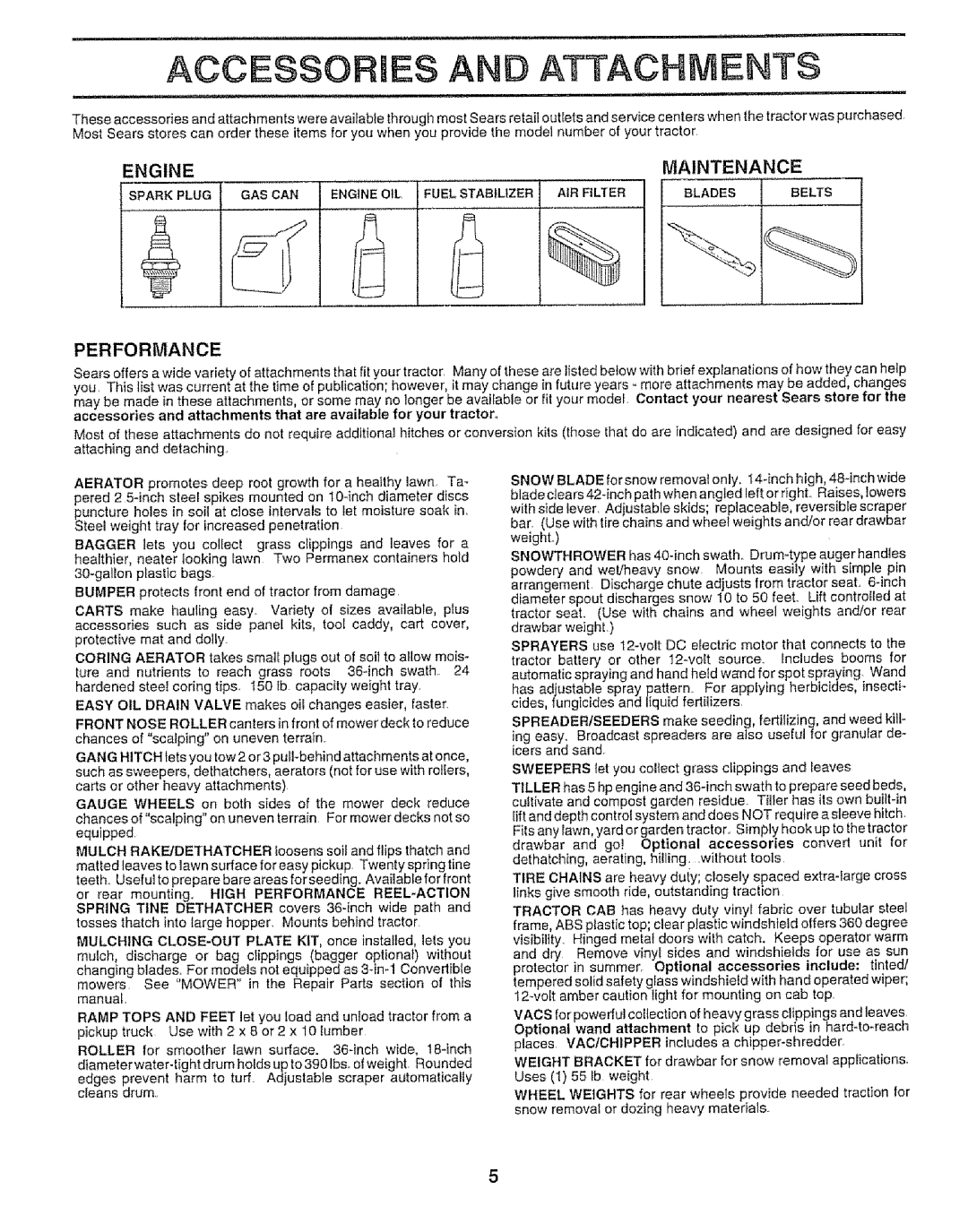 Craftsman 917.259592 owner manual Attachments, Engine Maintenance, Performance 