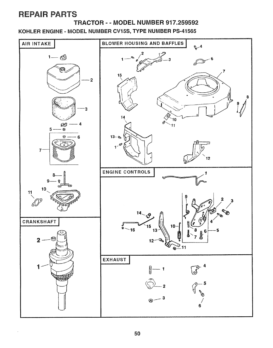 Craftsman 917.259592 owner manual Kohler Engine Model Number CV15S, Type Number PS-41565, Exhaust 