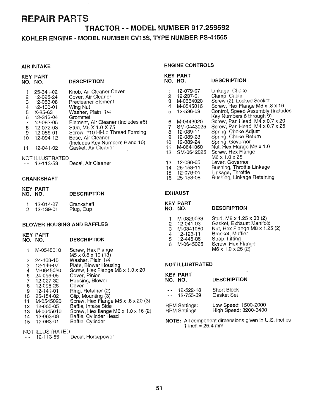 Craftsman 917.259592 AIR Intake KEY Part Description, Blower Housing and Baffles Engine Controls KEY Part NO. no 