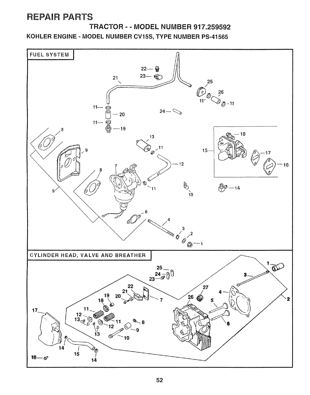 Craftsman 917.259592 owner manual @---1, Cylinder HEAD, Valve and Breather 