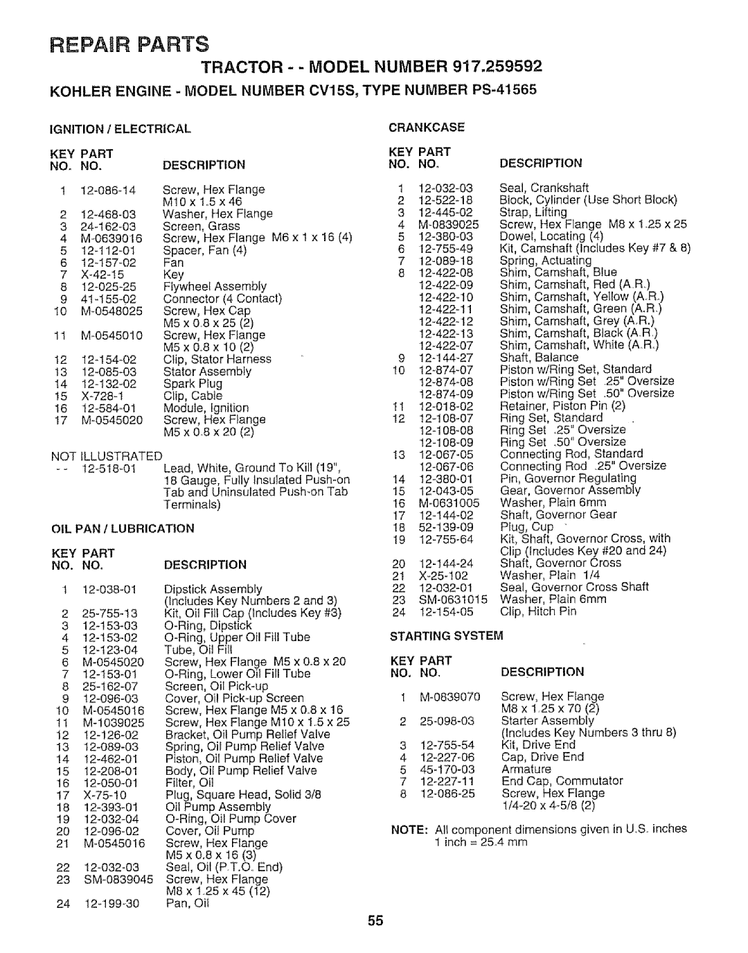 Craftsman 917.259592 owner manual Ignition Electrical KEY Part Description, Oil Pan/Lubrication, Crankcase KEY Part 