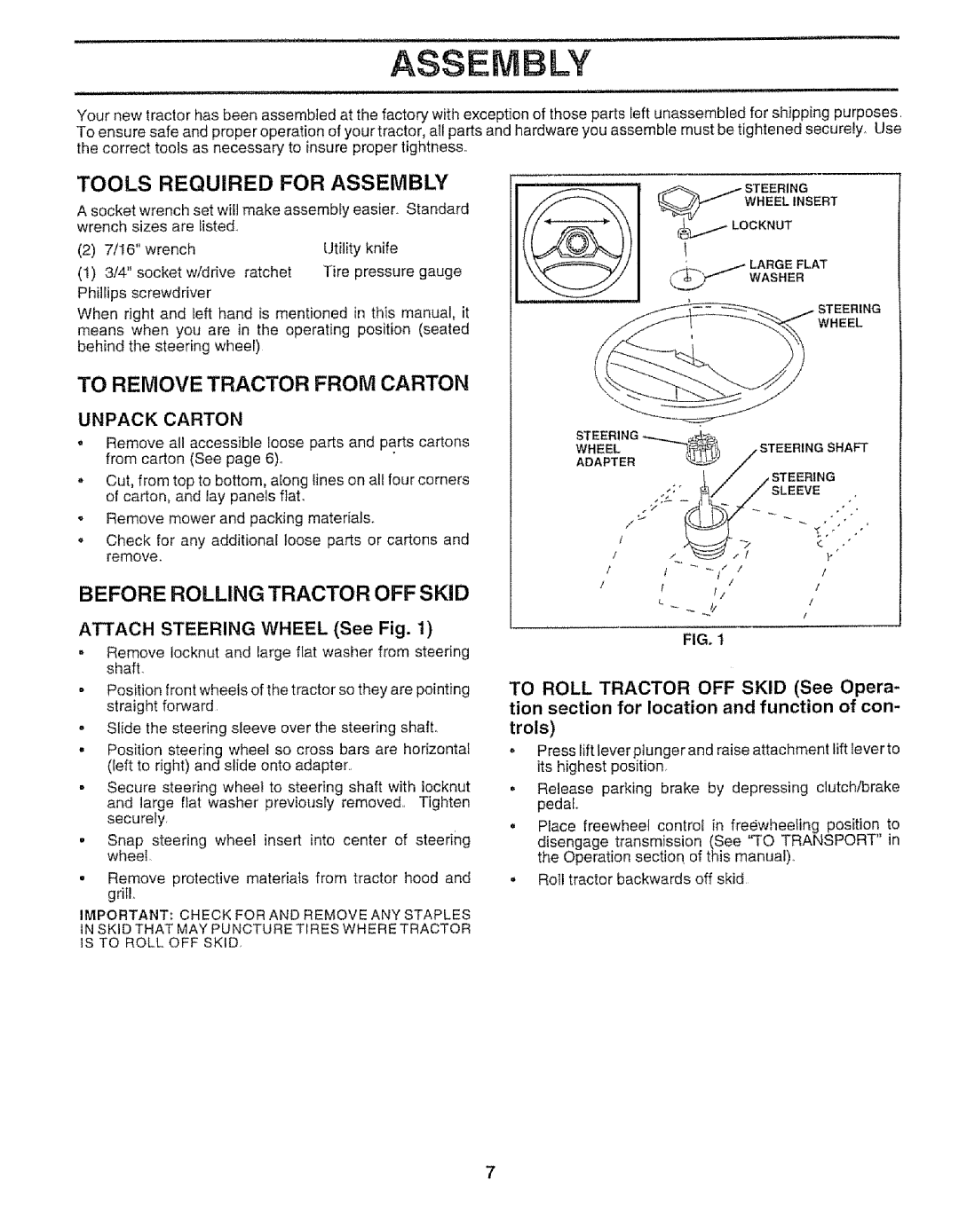 Craftsman 917.259592 owner manual Tools Required for Assembly, Before Rolling Tractor OFF Skid, Unpack Carton 