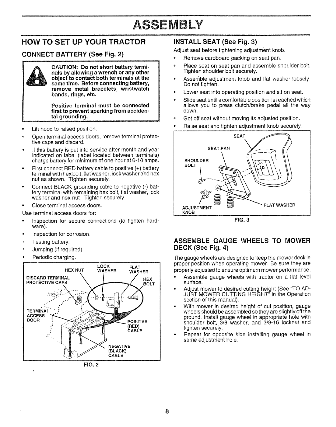 Craftsman 917.259592 owner manual Assembly, Connect Battery See Fig, Assemble Gauge Wheels to Mower, Deck See Fig 