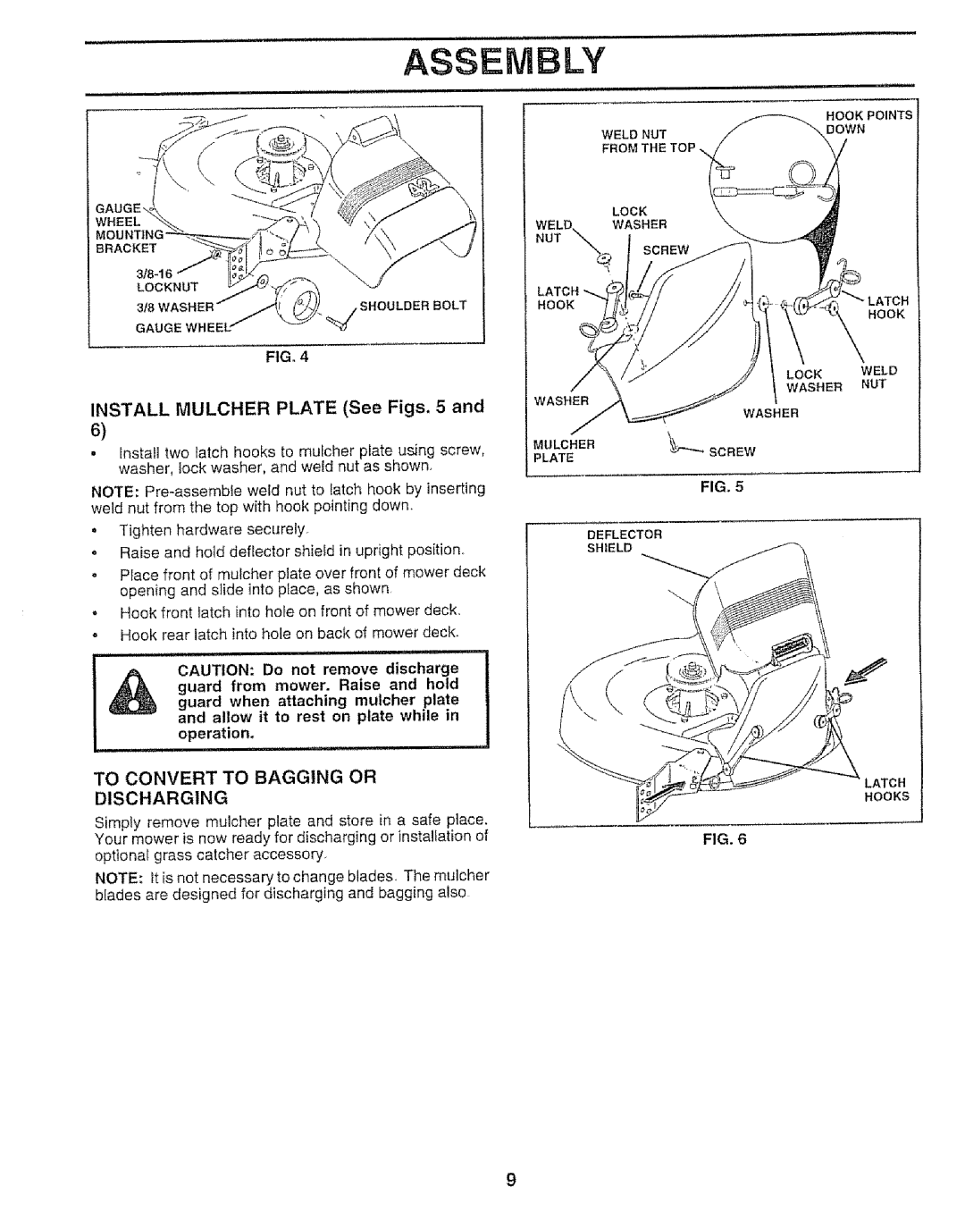 Craftsman 917.259592 owner manual Install Mulcher Plate See Figs, To Convert to Bagging or Discharging 