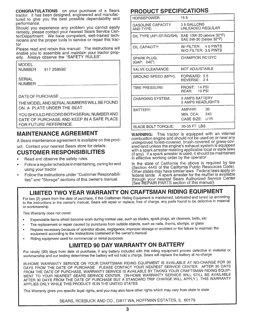 Craftsman 917.259592 owner manual Maintenance Agreement, Customer Responsibilities, Product Specifications, Gap 