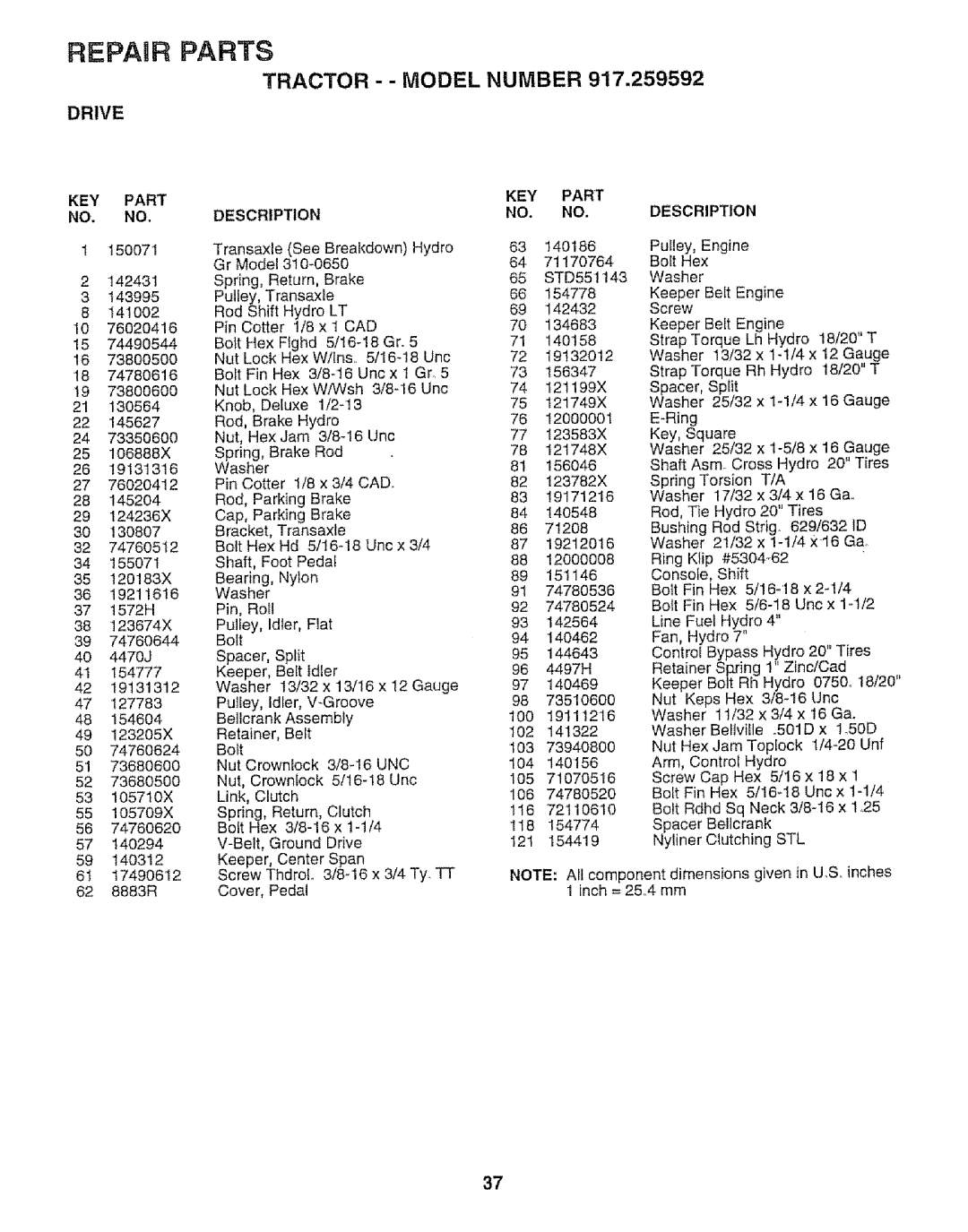 Craftsman 917.259592 owner manual REPAgR PARTS, 74780536, Tractor - - Model Number, Drive, Key Part No. No, Description 