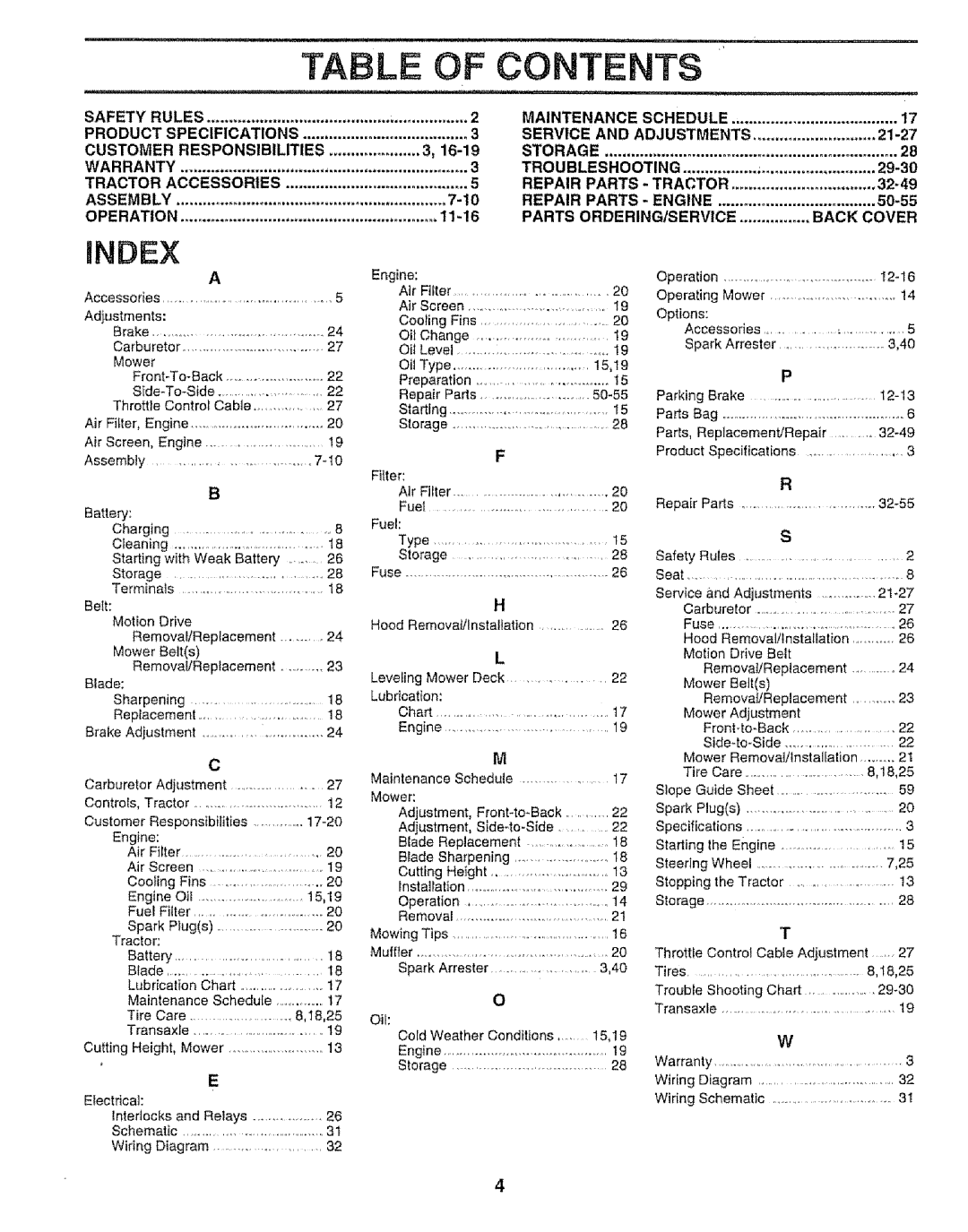 Craftsman 917.259592 owner manual Table Of Contents, iNDEX 
